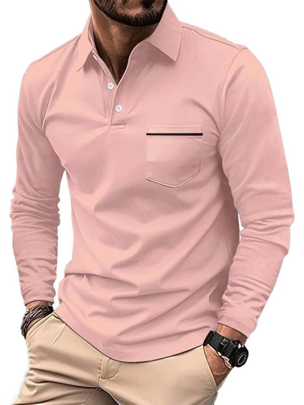 Men's Pink Long Sleeve Casual Fashion Polo Shirts Slim Fit Golf Pocket